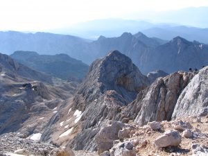 Triglav summit ridge with Krediarici hut below
