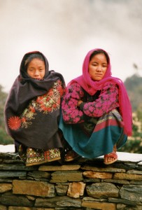 Nepaleses girls on a wall April 2000